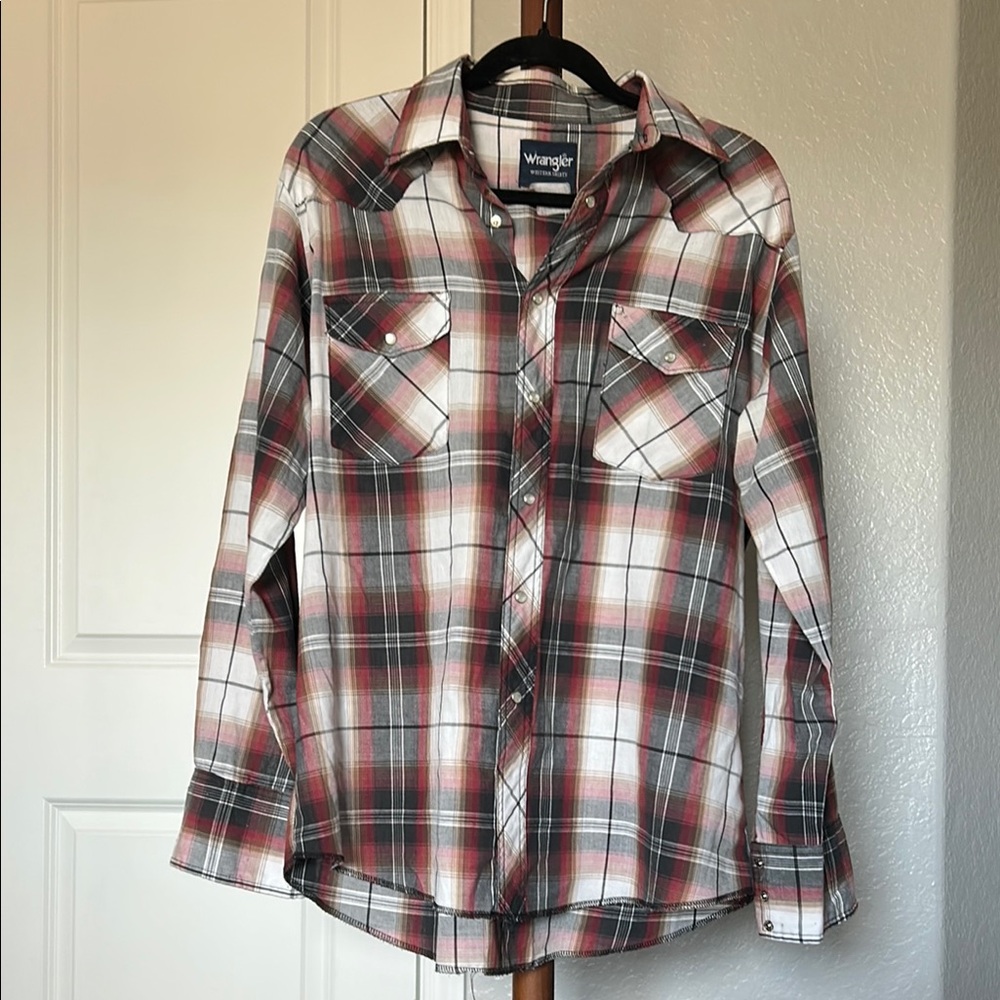Men’s Wrangler Red Light Weight Plaid Button-Up Long Sleeve Size M/L |A204